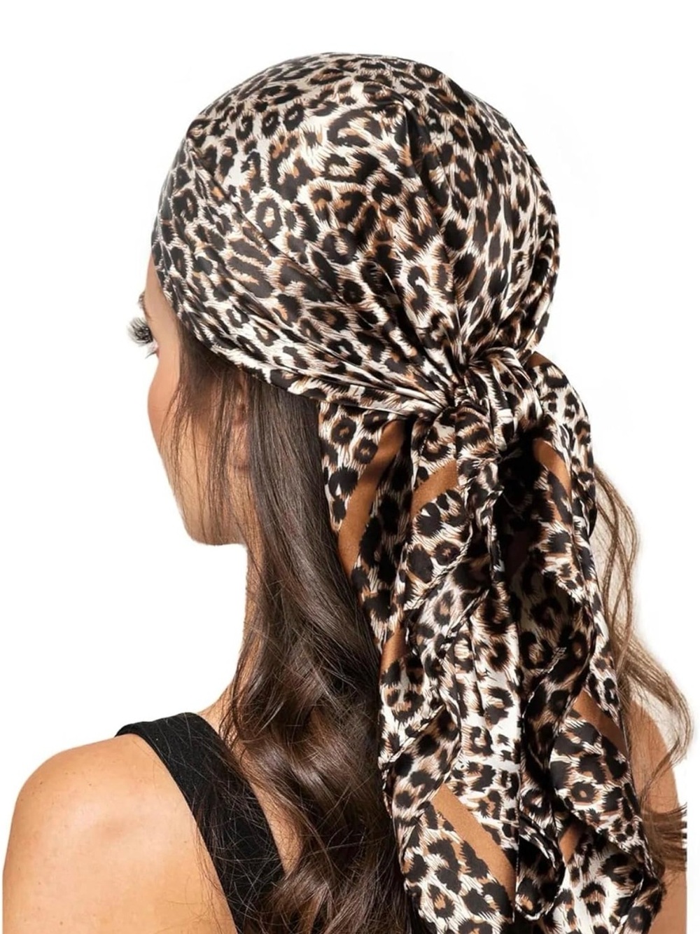 Leopard Print Satin Headscarf - Brown, Black & Cream